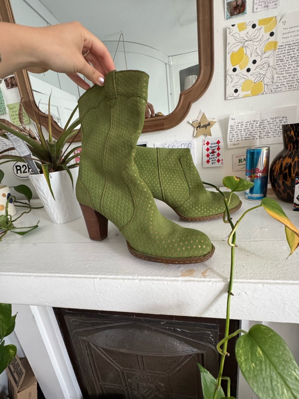 Born Olive Suede Perforated Mid-Heel Boots